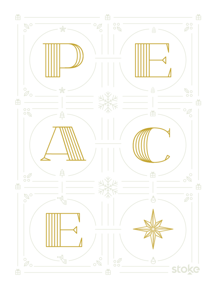 Vector design of the Stoke Christmas Card 2018 consisting of the word PEACE spelled out with letters separated and circled in decretive art