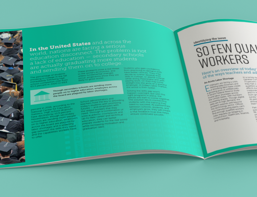 Ebook opened to see left page of the so few qualified workers content page with teal background and copy layout