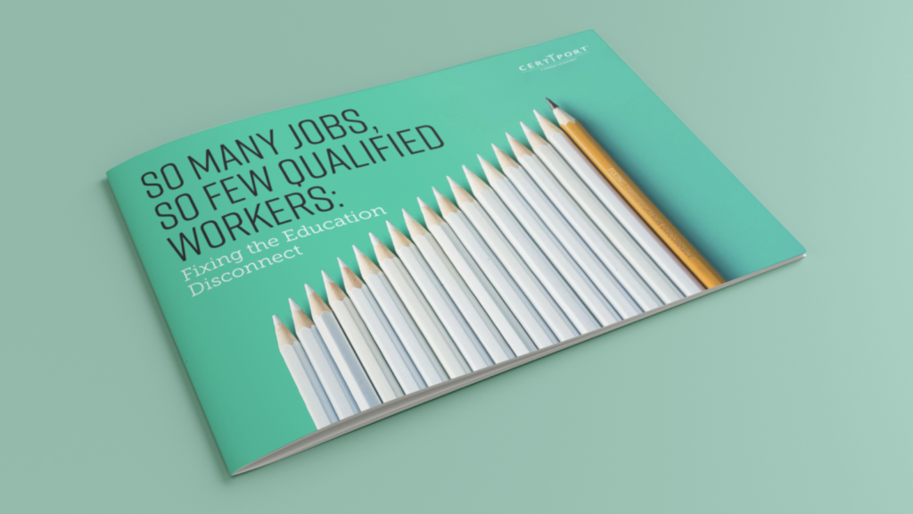 Ebook cover mockup with teal background and stacked pencil image with title so many jobs, so few qualified workers