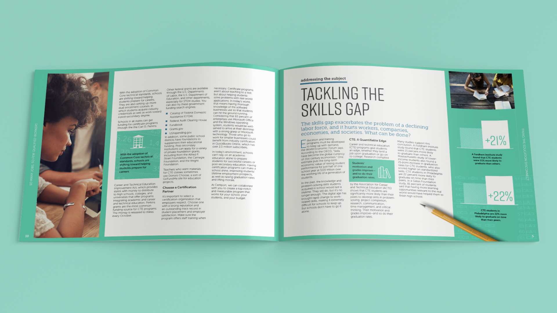 Ebook opened to see full spread design of the tackling the skill gap content page with pull quotes and highlighted statistics