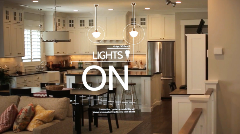 Video work showing light controls feature of smart home hub with line pointer design and text overlaid on kitchen photo