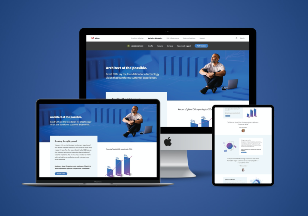 Landing Page designed represented in devices mockup on a blue background