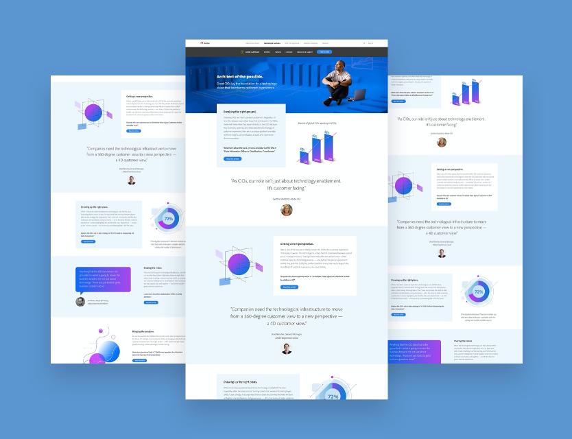 Page showcase showing different screen shots of the same page next to each other on a blue background