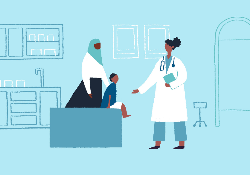 Illustration of refugee woman and child visiting doctors office with blue background