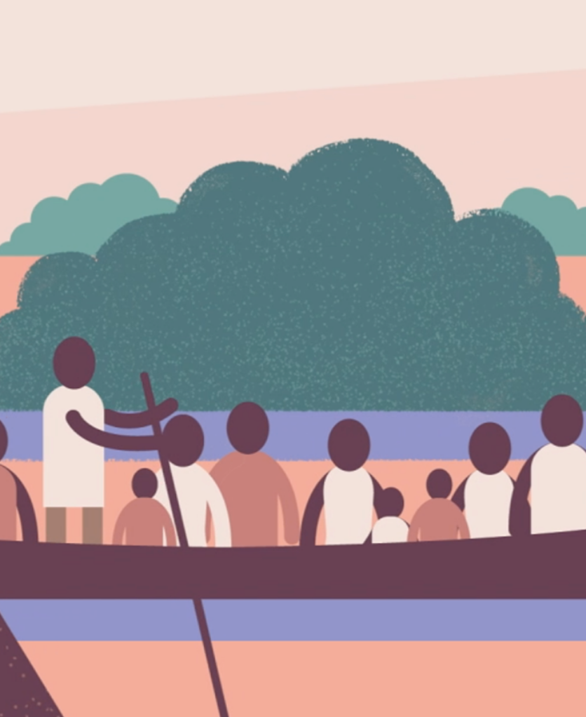 Illustration of many refugees on long boat with man and oar, on a green and pink landscape