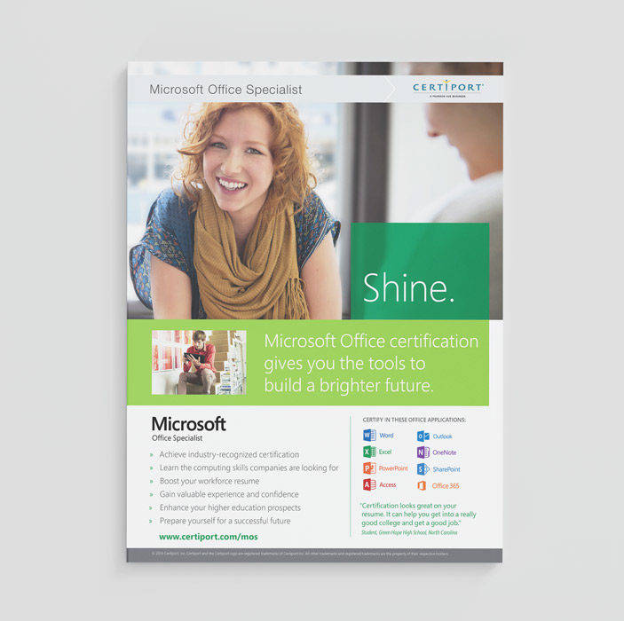 Microsoft Office Specialist Certification program designed cover page with smiling red hair woman