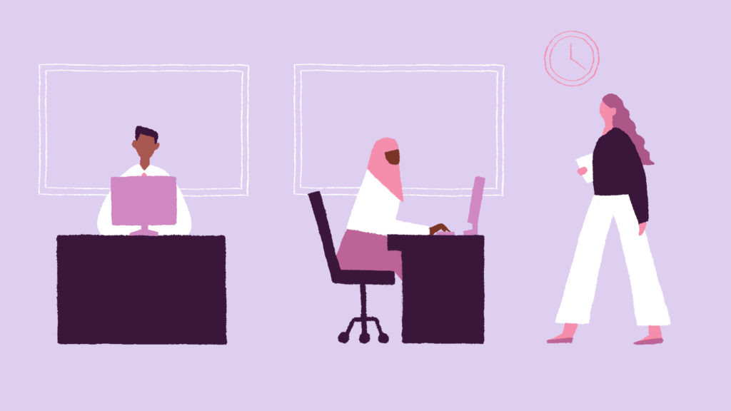 Illustration of refugee woman in a work environment using a computer along with two others on a purple background