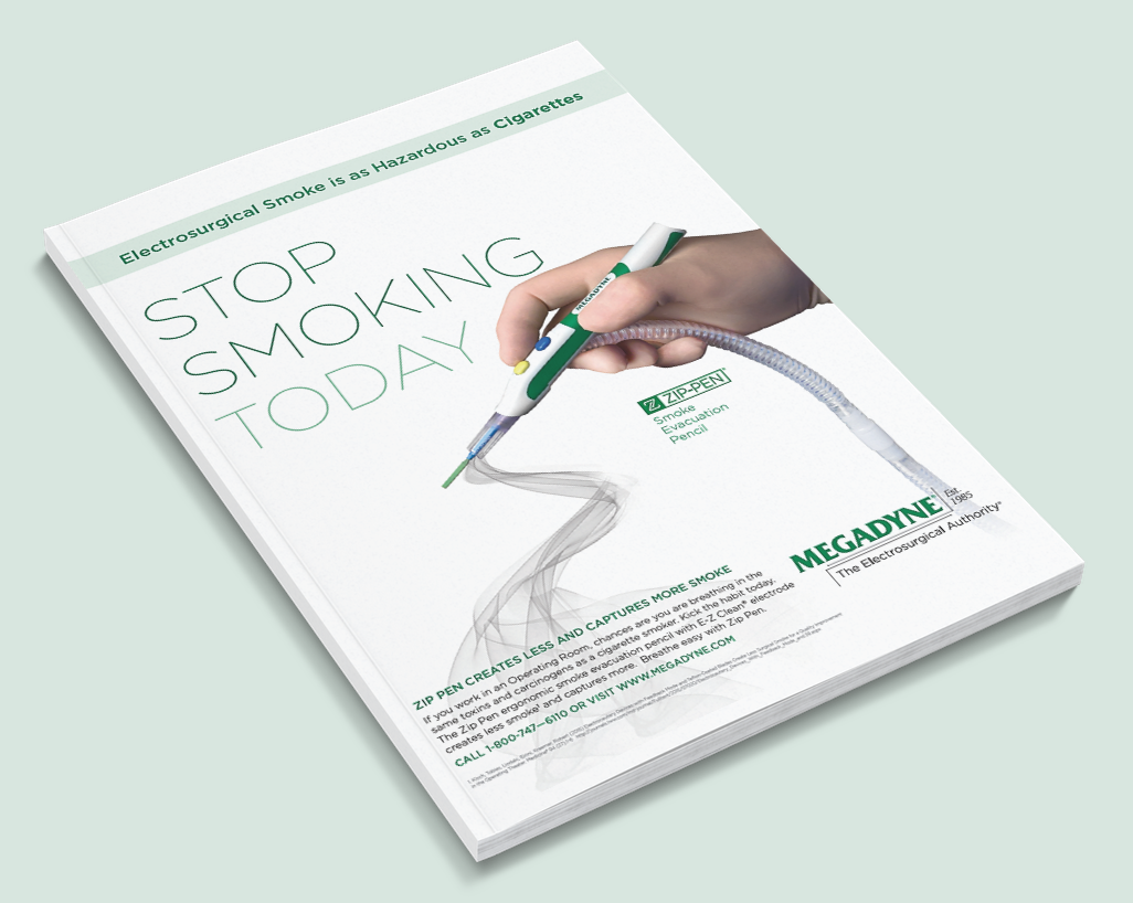 Megadyne Stop Smoking Today book cover design with doctor hand holding medical devide attached to a tube