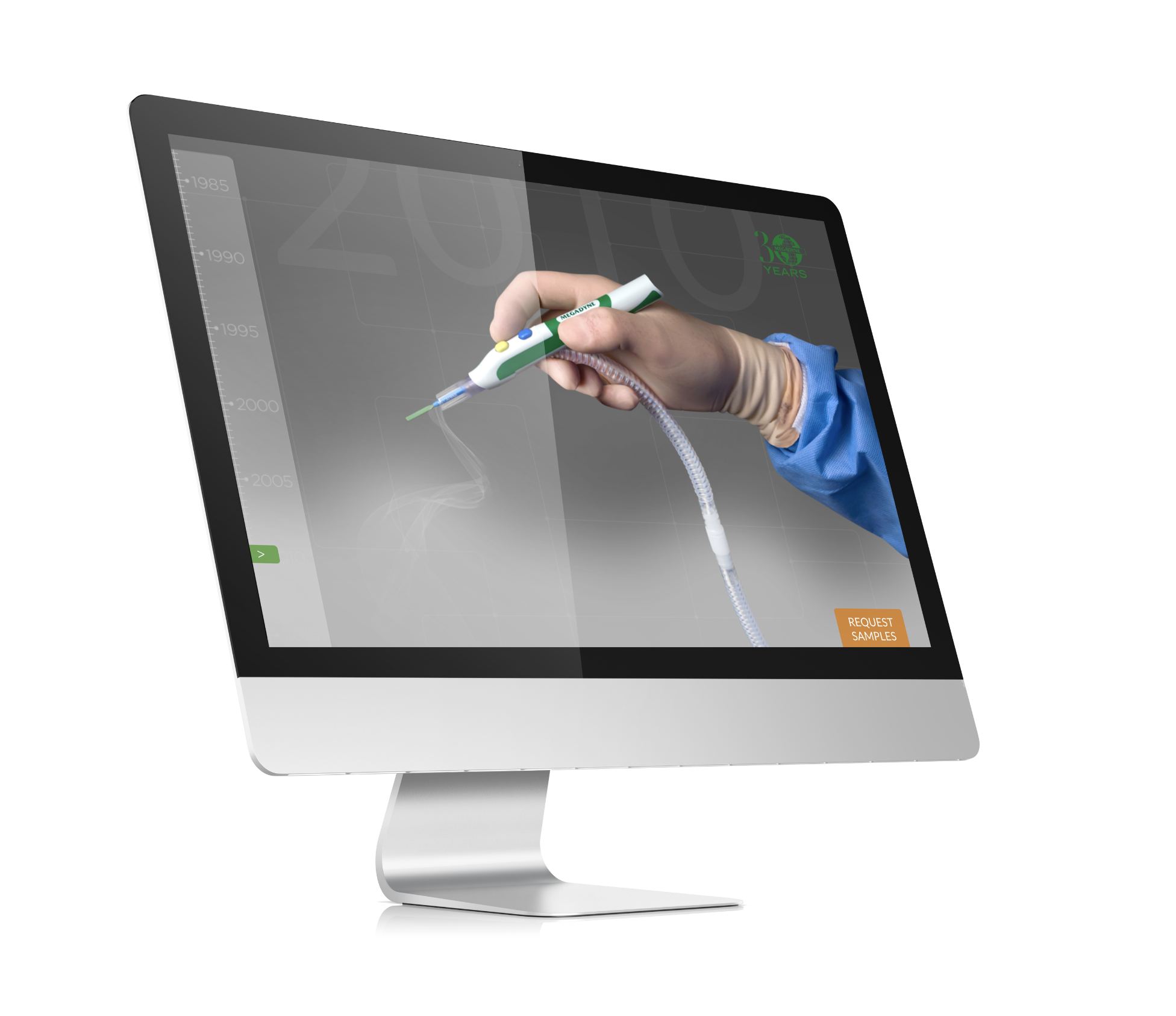 Doctor hand holding medical devide attached to tube with logo in top right, all placed on desktop mockup