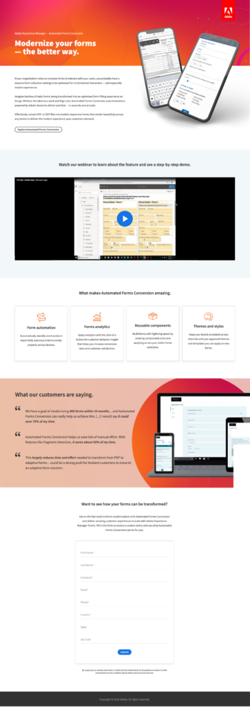 view of the entire landing page design for Adobe Experience Manager Forms