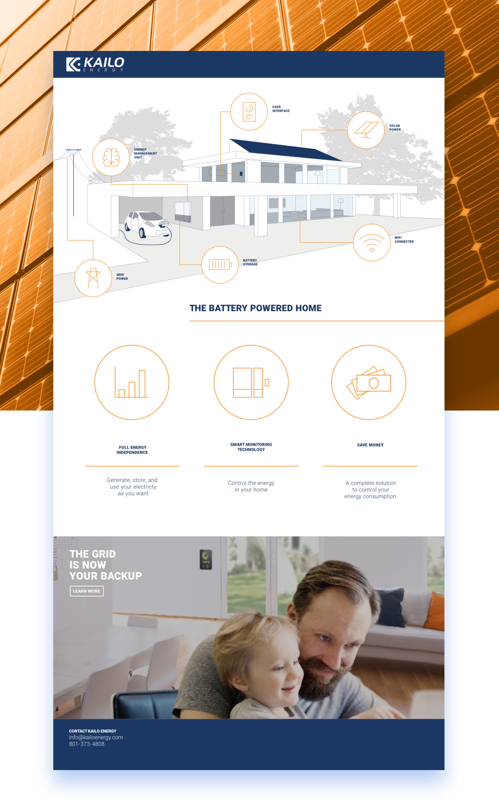 Large design showcasing how Kailo Energy solar panels work and where things are placed, along main ideas supported by icons and a photo of a man and his son