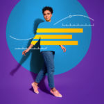 Purple background with blue centered dot and woman in blue shirt styled into vector art centered along with vector designs representing analytics