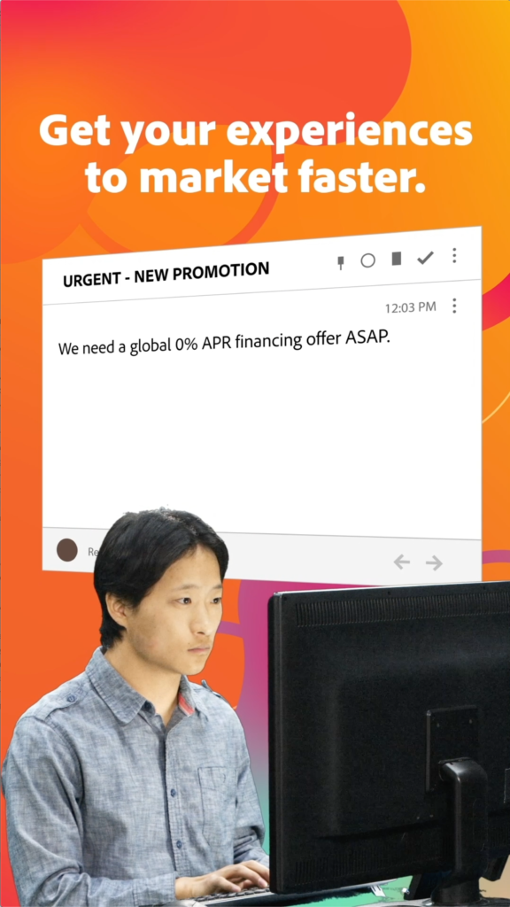 Video mobile screen preview showing man working on desktop computer with perspective view of his screen pulled and shown behind him on orange vector abstract background and message, Get your experiences to market faster