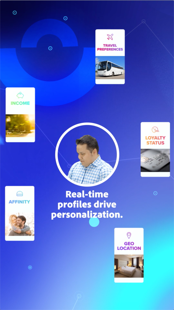 Video mobile screen preview with a web of different profiles linking back to user with message real-time profiles drive personalization on an abstract blue vector background