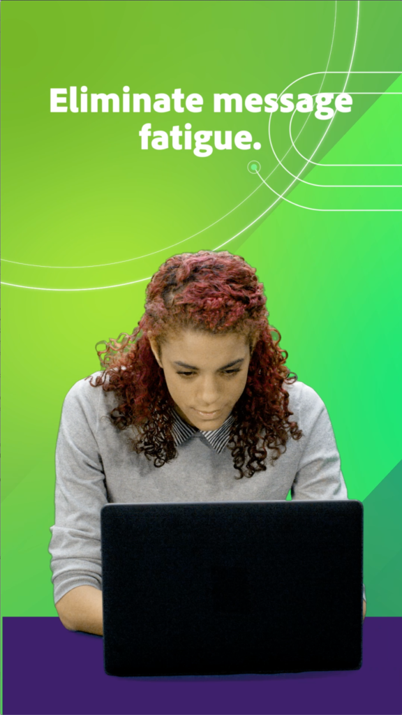 Video mobile screen preview showing woman working on laptop with green vector abstract background with the message, Eliminate message fatigue placed above her