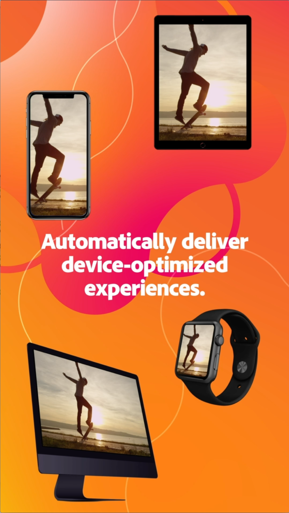 Video mobile screen preview with different devices including laptop mobile phone and watch all showing the same photo of a skateboarder on an abstract orange vector background with message Automatically deliver device-optimized experiences.