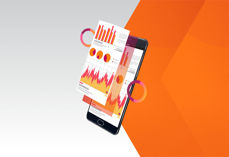 Design element sample pulled from infograhpic showing in perspective mobile phone with stacked screens with different representations of analytics with orange and white geometric background