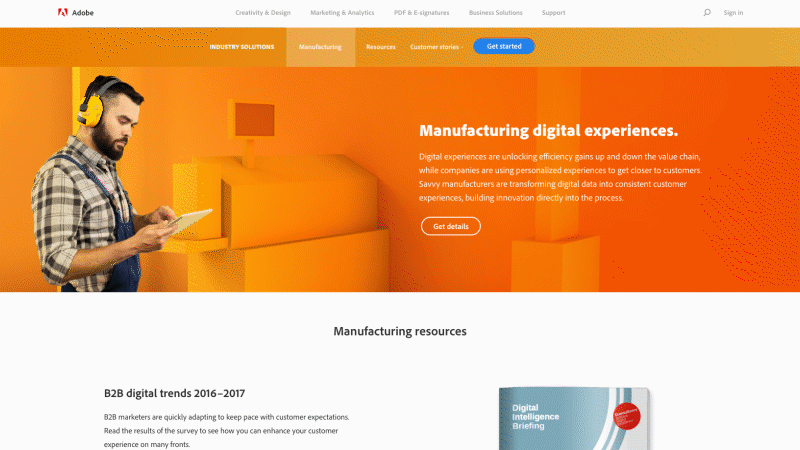 Manufacturing Digital Experiences page flat scrolling view showcasing all design elements on the page from top to bottom