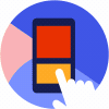 vector animation icon of hand using mobile phone on blue and pink geometric background