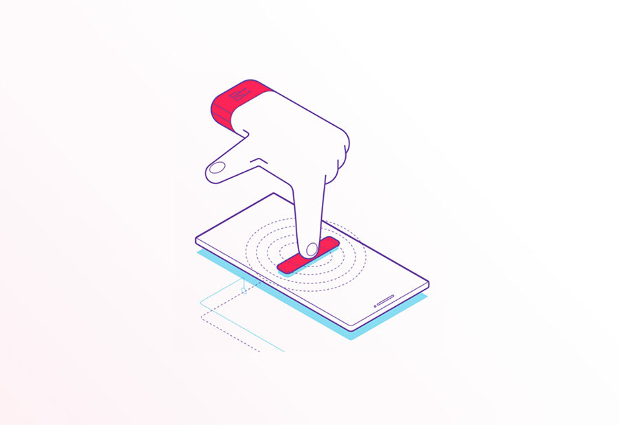 Vector art style with white background and purple outines creating a hand with red cuff pressing red button on phone