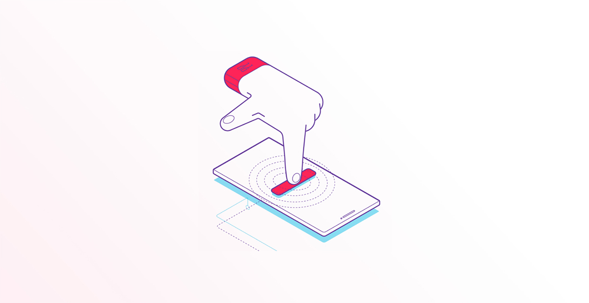 Vector art style with white background and purple outines creating a hand with red cuff pressing red button on phone