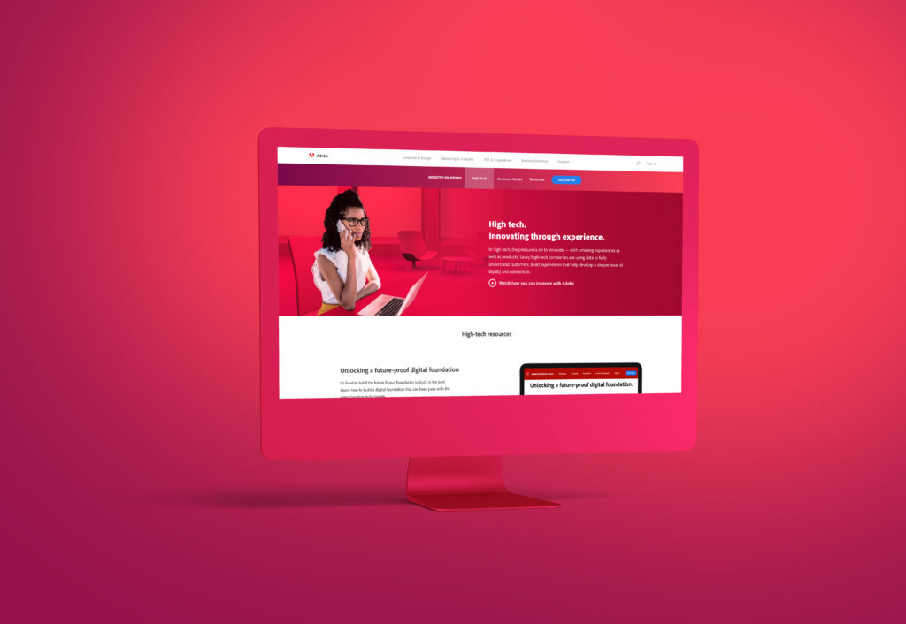 High Tech Innovating page red desktop mockup with red background showing the hero and beginning content