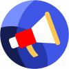 vector animation icon of red and yellow megaphone on various blue shaped background