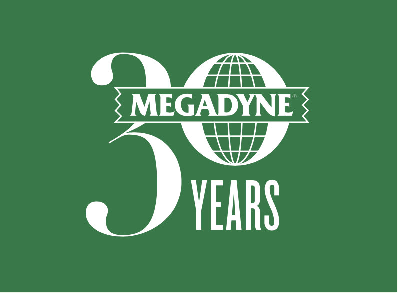 30 Years Megadyne logo all white on green background using zero outline with globe texture inside with negative space ribbon with brand name inside