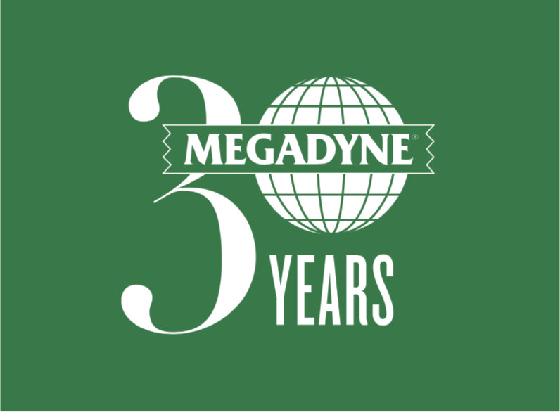 30 Years Megadyne logo all white on green background using globe as zero with negative space ribbon with brand name inside