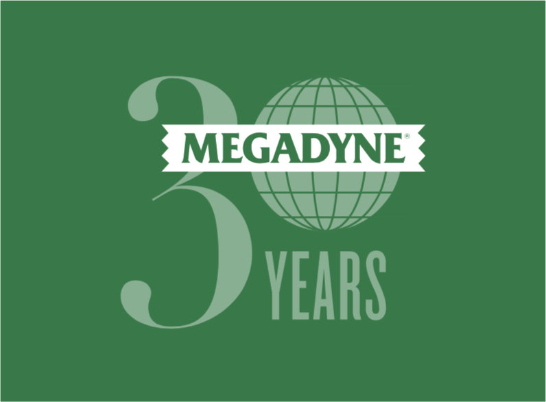 30 Years Megadyne logo low opacity on green background using globe as zero with bright white ribbon with brand name on top
