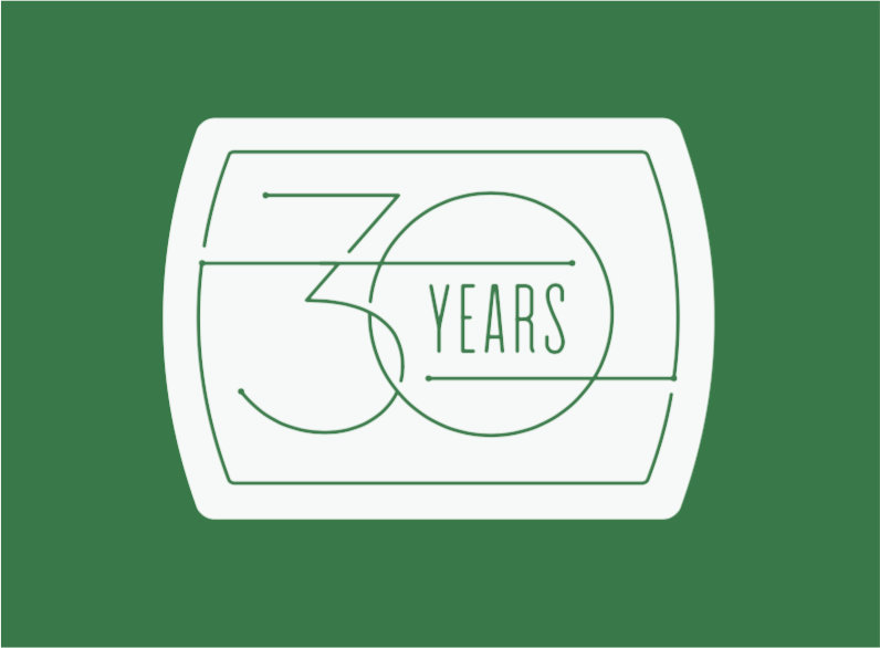 30 Years all white with green line art negative space logo