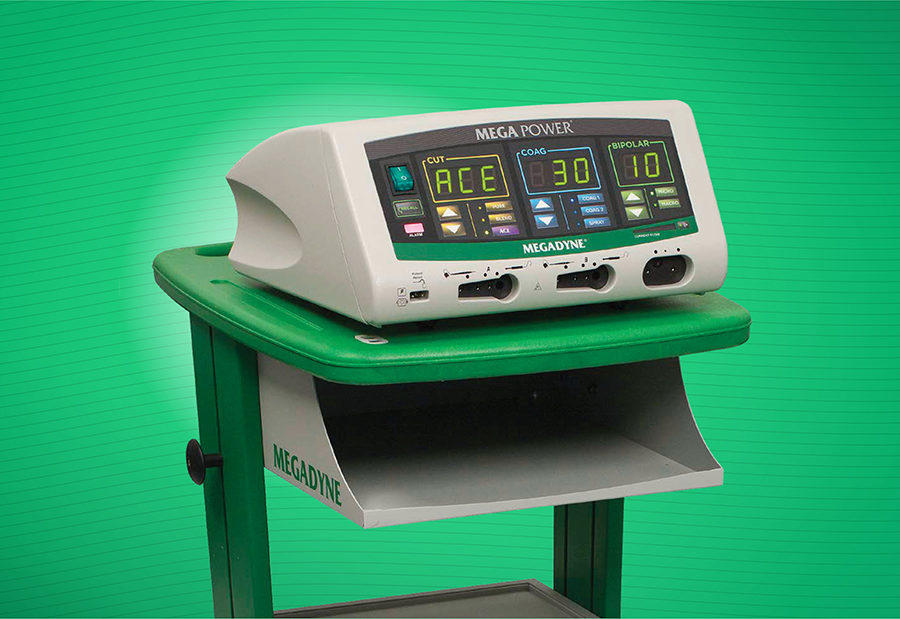Megadyne Mega Power medical device on green gradient background with horizontal wavy green pin stripes