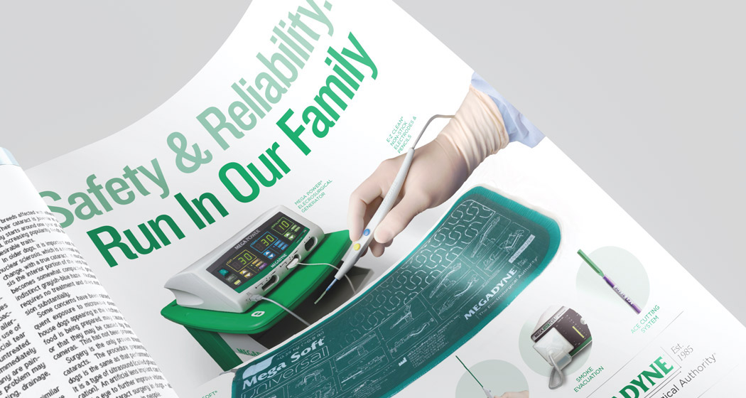 Safety and reliability run in our family title print design page mockup showing medical professional and medical device