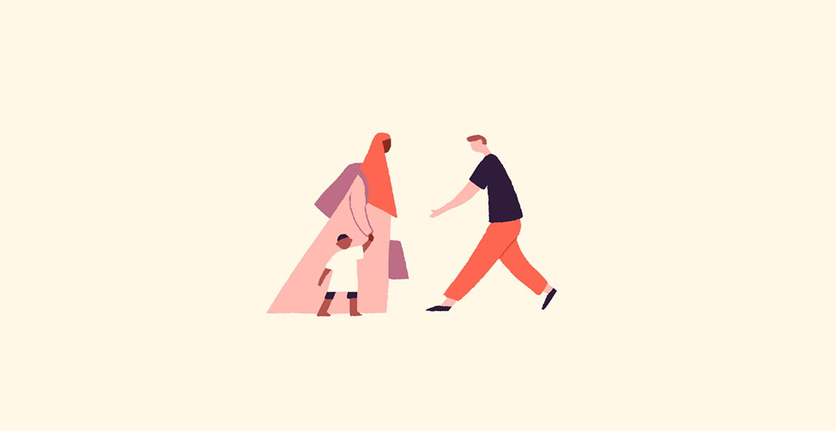 Illustration showing tall women with head covering and child refugees meeting sponsor figure