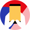 vector animation icon of two hands holding mobile phone with snapchat logo on blue red and pink geometric background