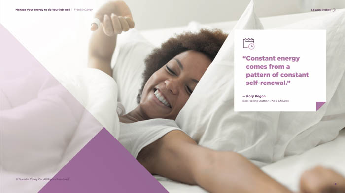 7 Habits training guide ebook information page design including purple overlay triangles on woman in bed stretching background image showing concept self renewal
