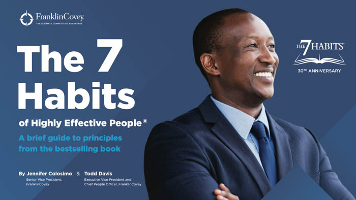 7 Habits training guide ebook title page design including blue background and smiling business man in blue suit representing 7 habits of highly effective people