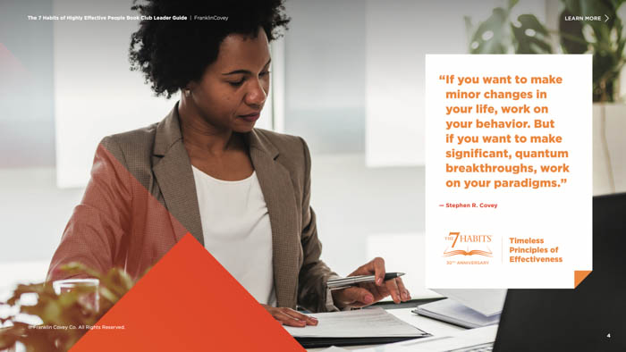 7 Habits training guide ebook information page design including orange overlay triangles on woman working at desk background image with quote about working on paradigms instead of behavior